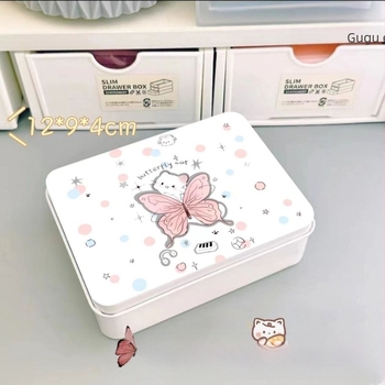 Cutie metalică pentru birou, design drăguț cu fluture și pisicuță, pentru depozitarea rechizitelor și a obiectelor mici, dimensiuni 12×9×4 cm, capacitate 200 ml