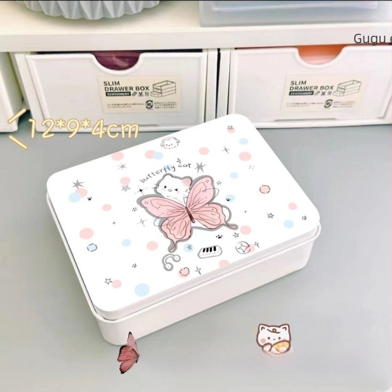 Cutie metalică pentru birou, design drăguț cu fluture și pisicuță, pentru depozitarea rechizitelor și a obiectelor mici, dimensiuni 12×9×4 cm, capacitate 200 ml