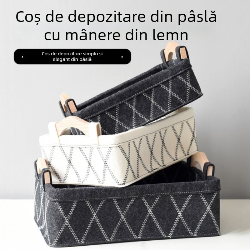Coș de depozitare din fetru cu mâner din lemn — organizator de birou pentru cosmetică, gustări și obiecte mici