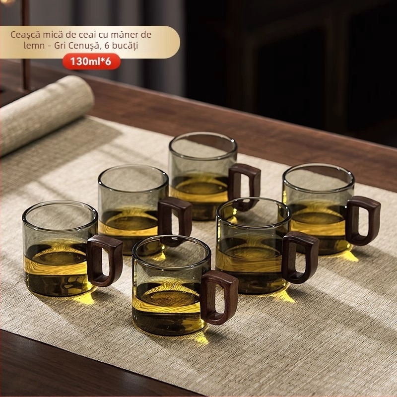 Ceașcă de ceai din sticlă rezistentă la căldură cu mâner, accent din lemn de nuc, borosilicat gros, set Kung Fu pentru ceai, ceașcă individuală pentru ceai de flori