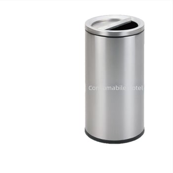 Coș de gunoi din oțel inoxidabil, cu capac basculant, pentru uz comercial în spații publice.