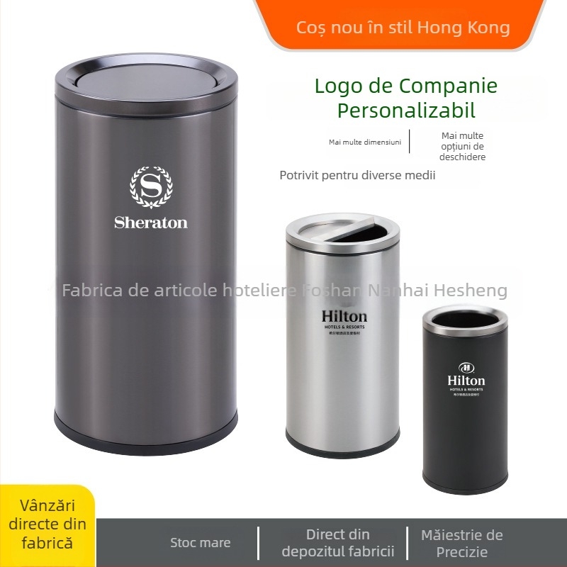 Coș de gunoi din oțel inoxidabil, cu capac basculant, pentru uz comercial în spații publice.