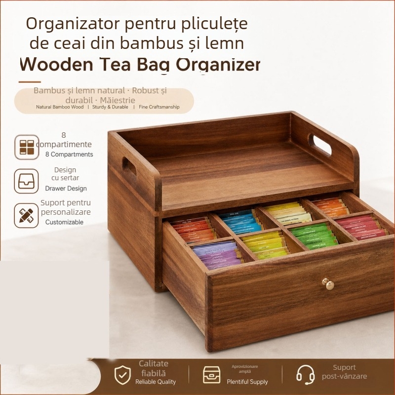 Cutie din bambus pentru pliculețe de ceai cu sertar, 8 compartimente, organizator de birou pentru ceai și cafea
