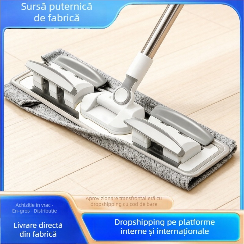 Mop plat cu bază din oțel inoxidabil, stoarcere fără atingere, cap din microfibră, pentru curățare uscată și umedă acasă.