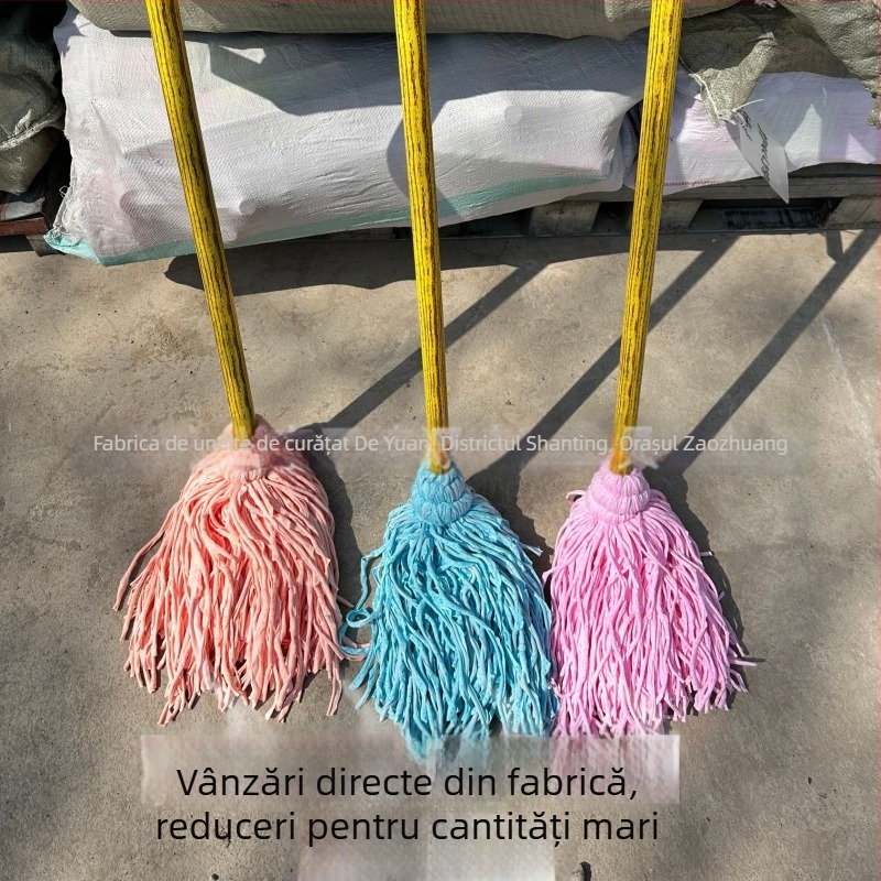 Mop mare tradițional din bumbac, cu mâner din lemn, cap rotativ pentru curățarea podelei