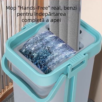 Mop plat cu găleată integrată pentru spălare-ștergere (ume/uscat, fără atingere)