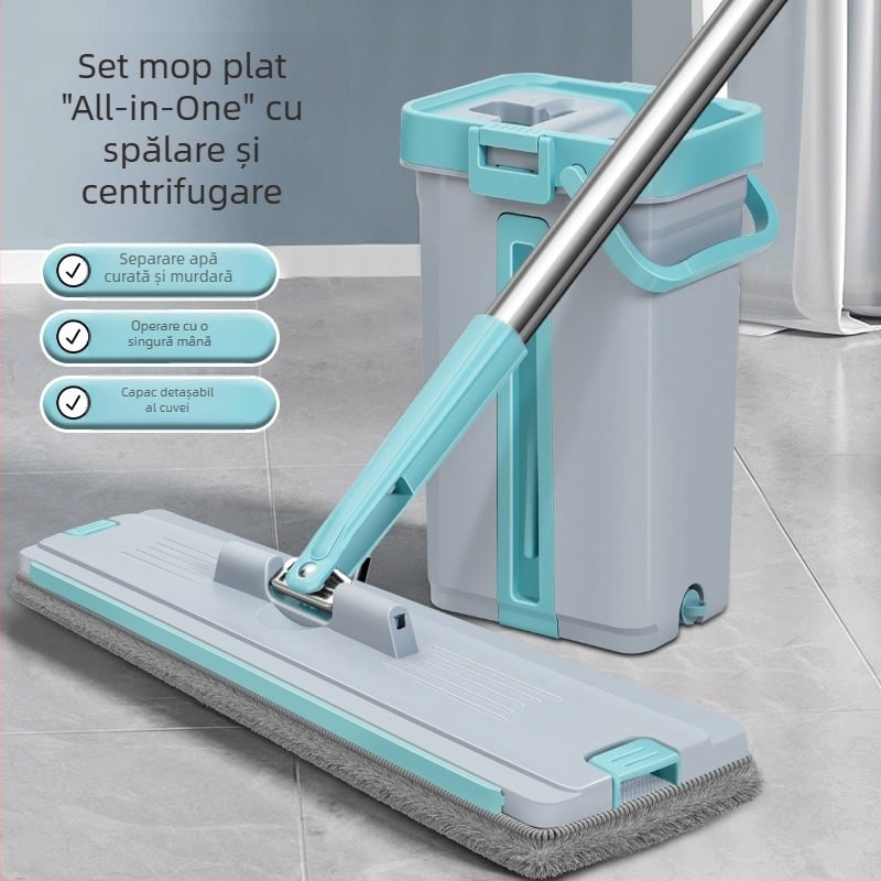 Mop plat cu găleată integrată pentru spălare-ștergere (ume/uscat, fără atingere)