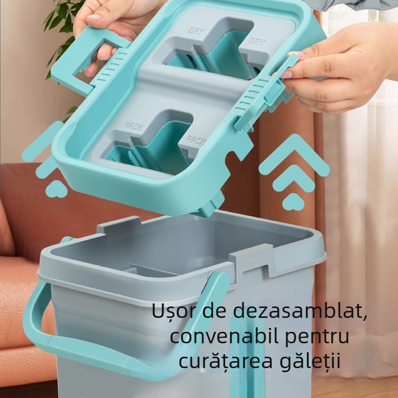 Mop plat cu găleată integrată pentru spălare-ștergere (ume/uscat, fără atingere)