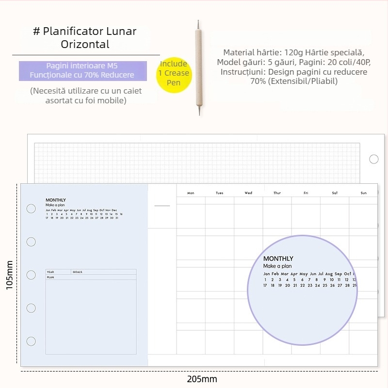 M5 planificator lunar multifuncțional cu pliere în trei părți și carnet de planificare a timpului — pagini interioare de schimb, ediție de bază