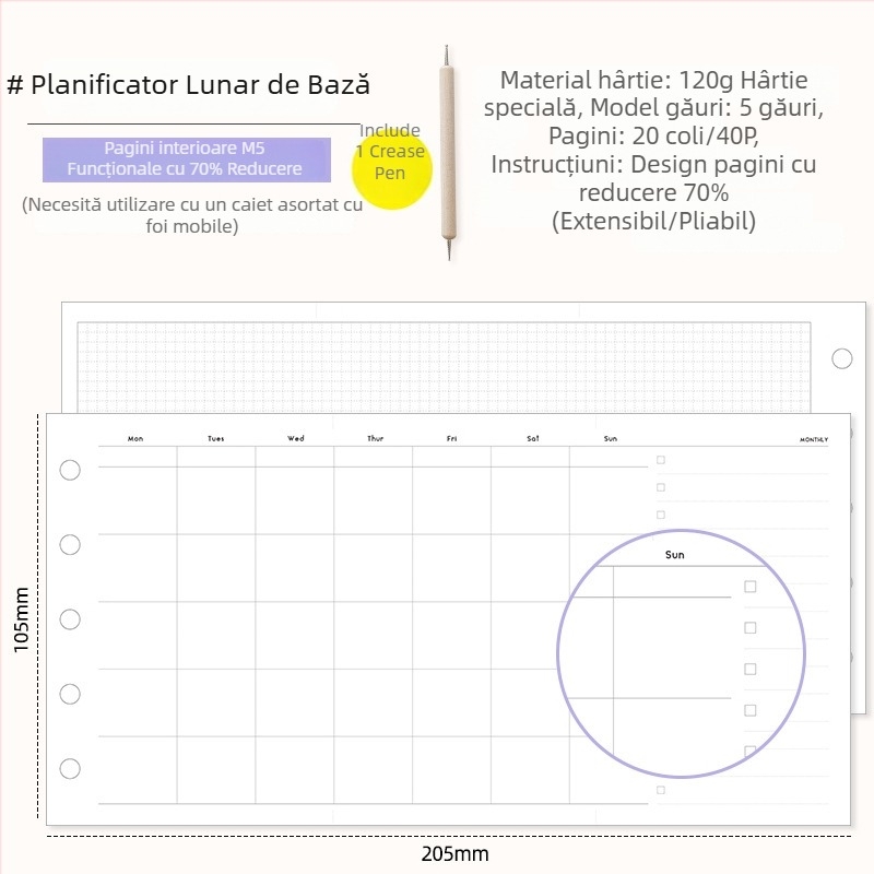 M5 planificator lunar multifuncțional cu pliere în trei părți și carnet de planificare a timpului — pagini interioare de schimb, ediție de bază