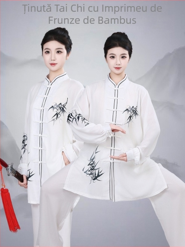 Set Tai Chi, model nou 2026, pentru bărbați și femei, imprimeu cu frunze de bambus, Uniformă de antrenament Tai Chi Eight-Section Brocade, primăvară-vară