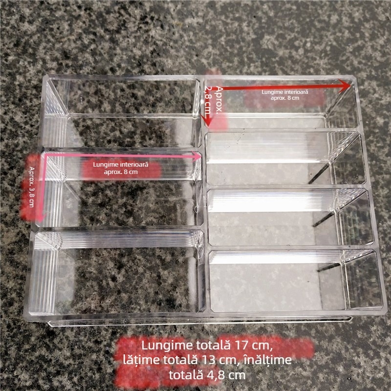 Organizator cosmetic din acril cu 7 compartimente, transparent, design minimalist pentru birou