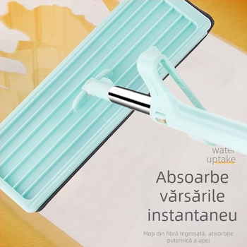 Mop plat fără atingere cu mâinile, pentru curățenie în casă și în hoteluri, cu tijă din oțel inoxidabil și mecanism de stoarcere prin alunecare