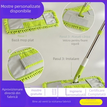 Mop Chenille pentru uz casnic, cu lavetă înlocuibilă, curățare fără atingere, mop plat pentru suprafețe mari, curățare uscată și umedă