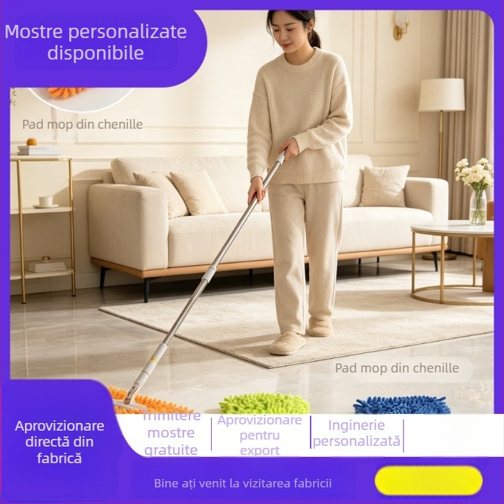 Mop Chenille pentru uz casnic, cu lavetă înlocuibilă, curățare fără atingere, mop plat pentru suprafețe mari, curățare uscată și umedă