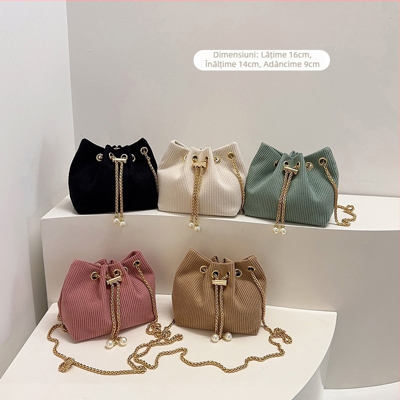 Geantă bucket pentru femei din corduroy, stil coreean, versatilă, cu curea crossbody, mică, pentru utilizare zilnică.