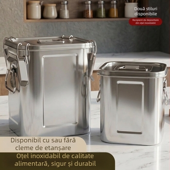 Recipient pătrat din oțel inoxidabil sigilat cu mânere duble, 9–10 L, container de depozitare pentru orez, ceai și coji uscate de mandarină