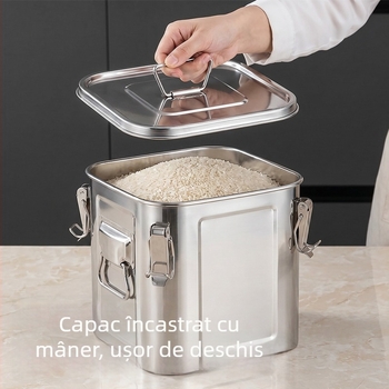 Recipient pătrat din oțel inoxidabil sigilat cu mânere duble, 9–10 L, container de depozitare pentru orez, ceai și coji uscate de mandarină