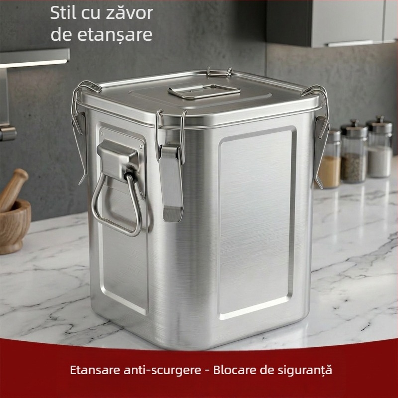 Recipient pătrat din oțel inoxidabil sigilat cu mânere duble, 9–10 L, container de depozitare pentru orez, ceai și coji uscate de mandarină