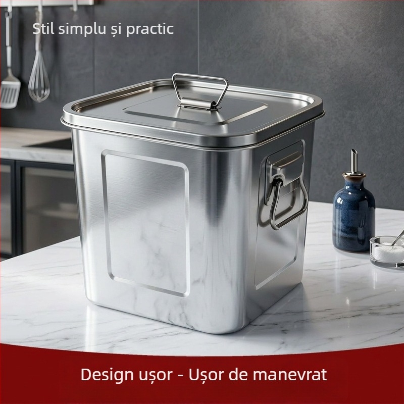 Recipient pătrat din oțel inoxidabil sigilat cu mânere duble, 9–10 L, container de depozitare pentru orez, ceai și coji uscate de mandarină