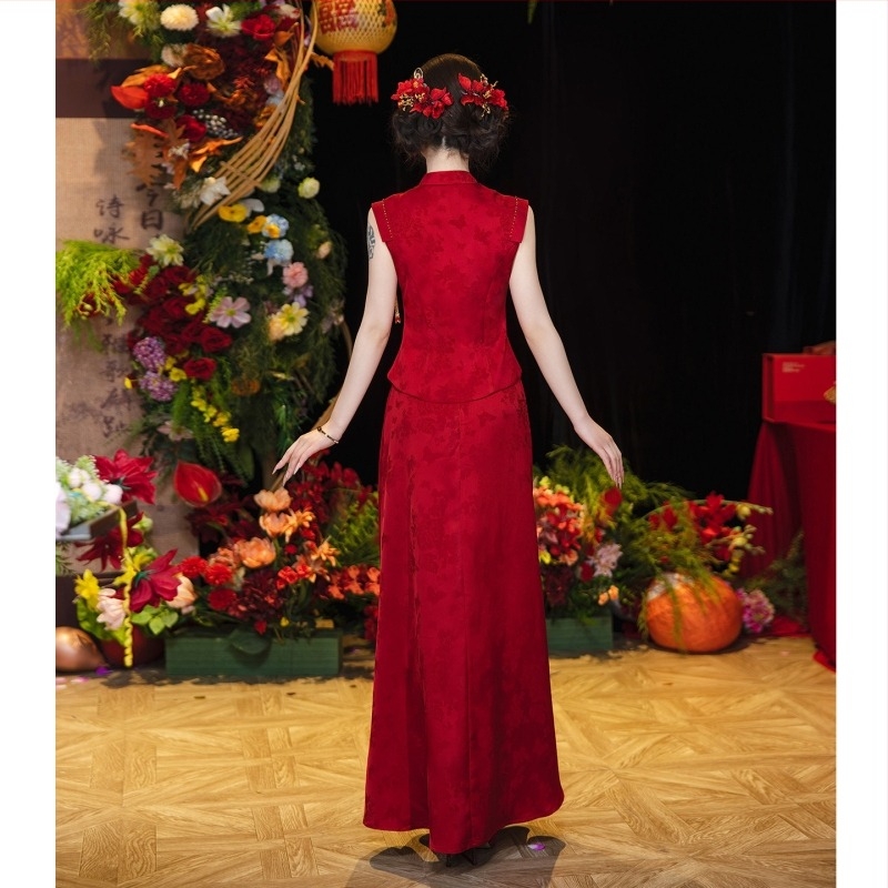 Rochie roșie pentru toast la nuntă, cheongsam de mireasă, set de logodnă în stil chinezesc nou, rochie de nuntă lungă, look elegant pentru purtare zilnică