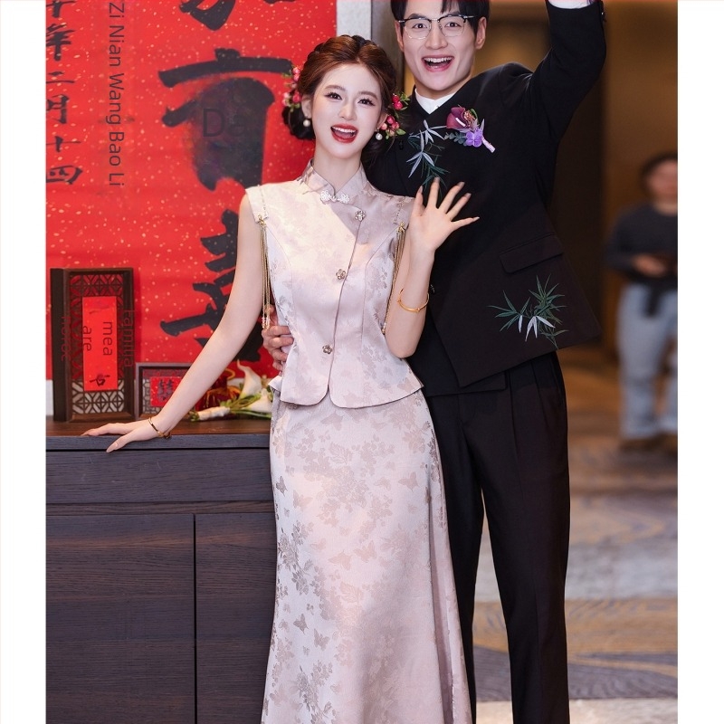 Rochie roșie pentru toast la nuntă, cheongsam de mireasă, set de logodnă în stil chinezesc nou, rochie de nuntă lungă, look elegant pentru purtare zilnică