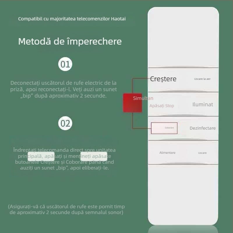 Telecomandă pentru uscător inteligent cu ridicare automată, generațiile 2–4, compatibil cu Haotaitai, Taitaileou și Pai.