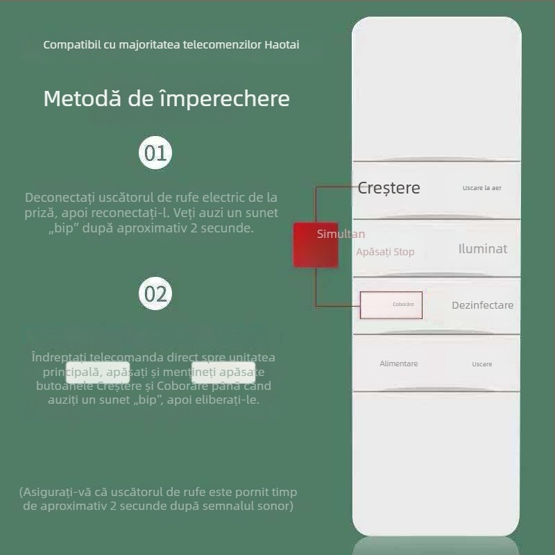 Telecomandă pentru uscător inteligent cu ridicare automată, generațiile 2–4, compatibil cu Haotaitai, Taitaileou și Pai.