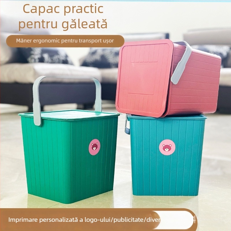 Găleată de depozitare din plastic cu scaun pentru copii, cu capac – design desen animat, portabil, organizator pentru exterior și casă