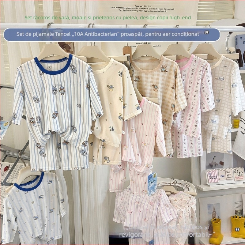 Set pijama Lyocell pentru copii, antibacterian și respirabil, haine de casă de vară unisex pentru băieți și fete, mâneci 3/4, imprimeu animal drăguț, vârsta 3–8 ani