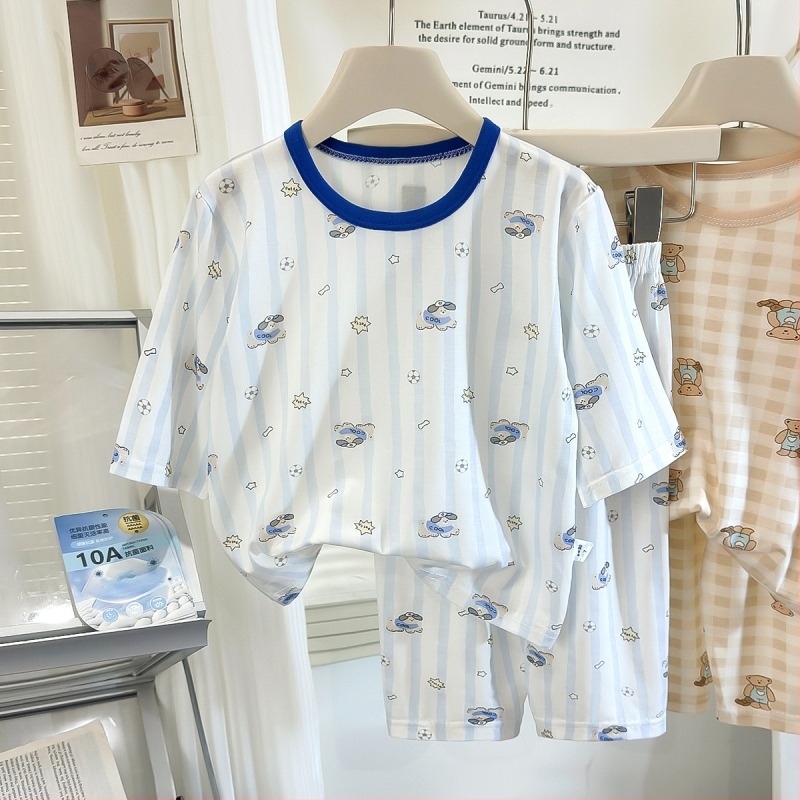 Set pijama Lyocell pentru copii, antibacterian și respirabil, haine de casă de vară unisex pentru băieți și fete, mâneci 3/4, imprimeu animal drăguț, vârsta 3–8 ani