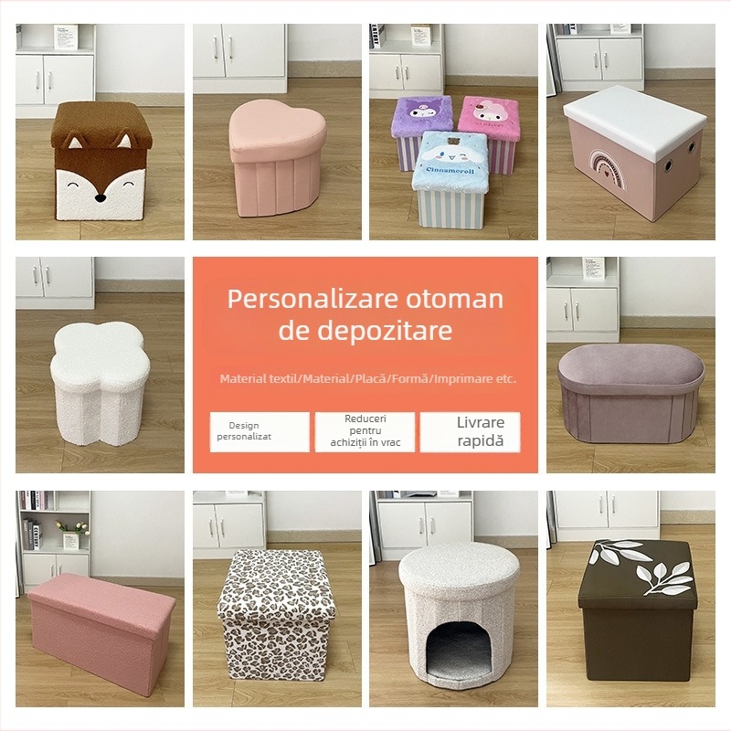 Scaun de depozitare pentru copii, cu tapițerie velur – pliabil, spațiu pentru jocuri și haine