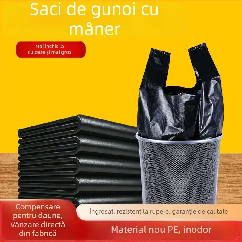 Pungi negre de gunoi pentru uz casnic, îngroșate, dimensiuni medii și mari, cu mâner, din plastic, pentru bucătărie