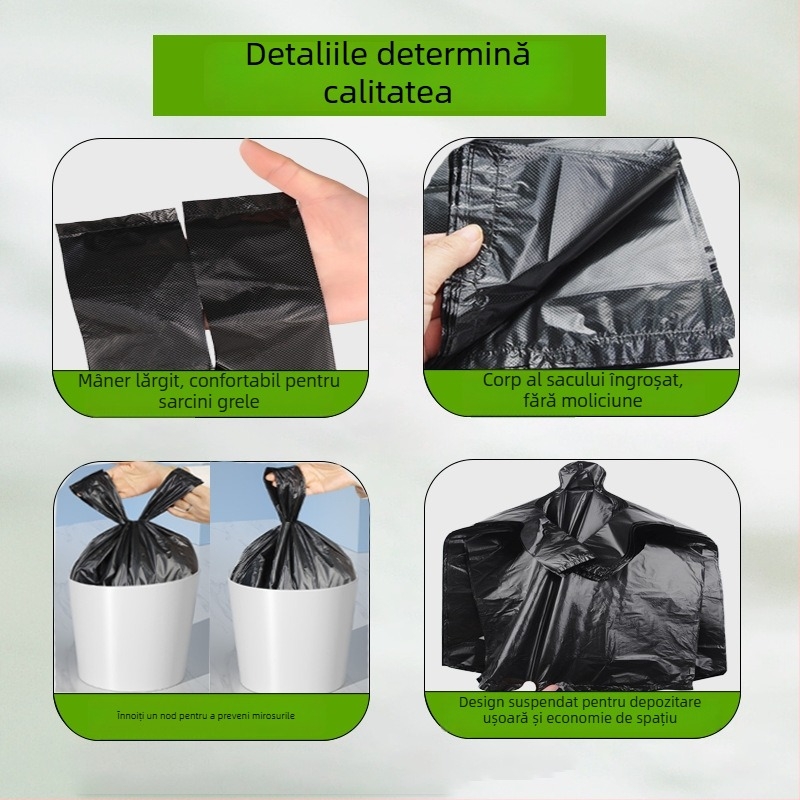 Pungi negre de gunoi pentru uz casnic, îngroșate, dimensiuni medii și mari, cu mâner, din plastic, pentru bucătărie