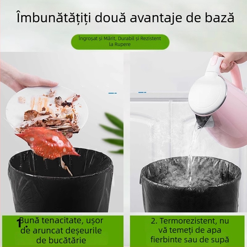 Pungi negre de gunoi pentru uz casnic, îngroșate, dimensiuni medii și mari, cu mâner, din plastic, pentru bucătărie
