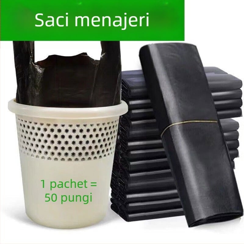Saci de gunoi pentru uz casnic, îngroșate, mărimi medii și mari, negre, de unică folosință, pentru bucătărie, cu mânere
