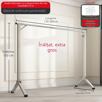 Uscător de haine din oțel inoxidabil, suport de podea cu o singură bară fixă, pliat, pentru interior