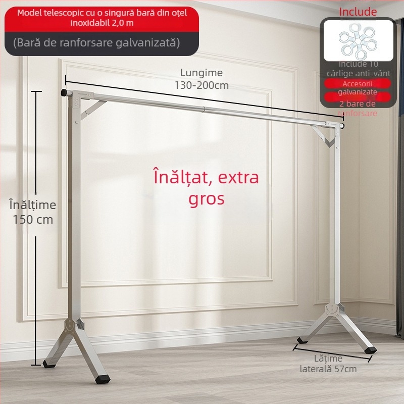 Uscător de haine din oțel inoxidabil, suport de podea cu o singură bară fixă, pliat, pentru interior