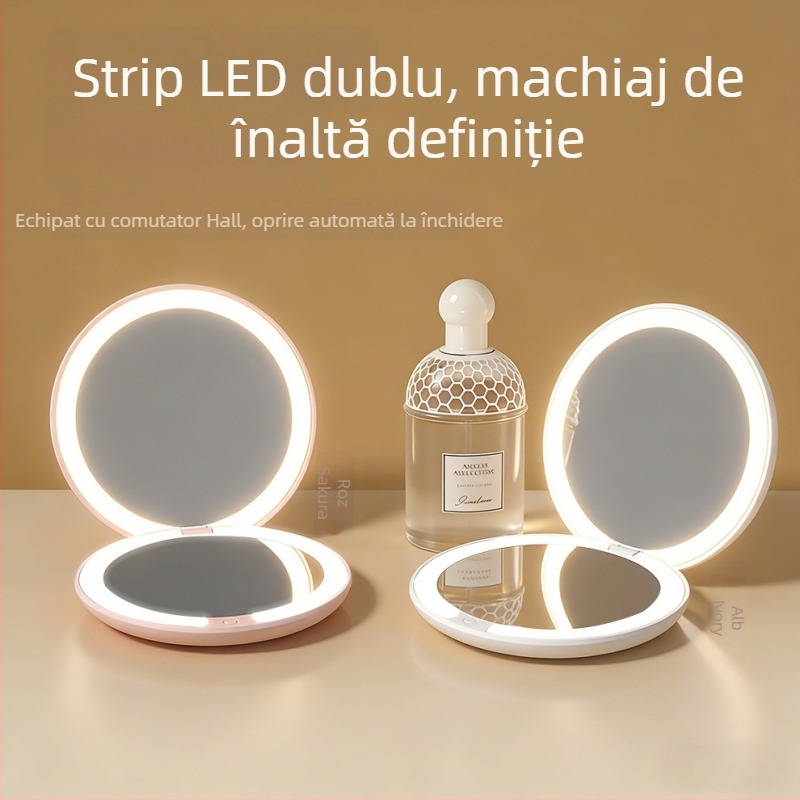 Oglindă de machiaj LED, cu două fețe și iluminare, oglindă rotundă portabilă