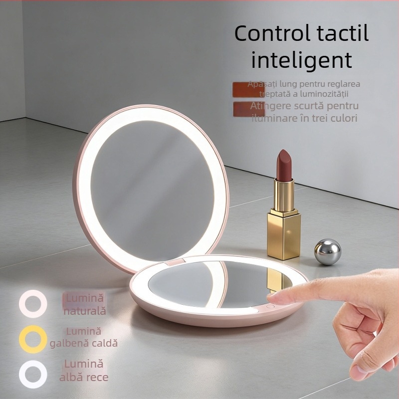 Oglindă de machiaj LED, cu două fețe și iluminare, oglindă rotundă portabilă