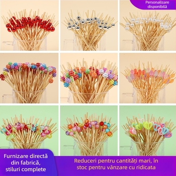 Bețișoare de fructe de unică folosință, cu design floral drăguț pe bețe de bambus, ideale pentru deserturi, sushi și decorarea fructelor.