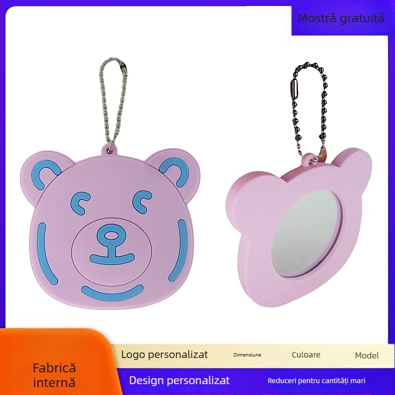 Oglindă de machiaj din silicon cu pandantiv ursuleț desen animat, 7x7 cm, ramă PVC moale, personalizabilă cu imaginea ta