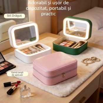 Geantă mini pentru machiaj cu oglindă LED, organizator cosmetic portabil pentru călătorii