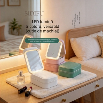 Geantă mini pentru machiaj cu oglindă LED, organizator cosmetic portabil pentru călătorii