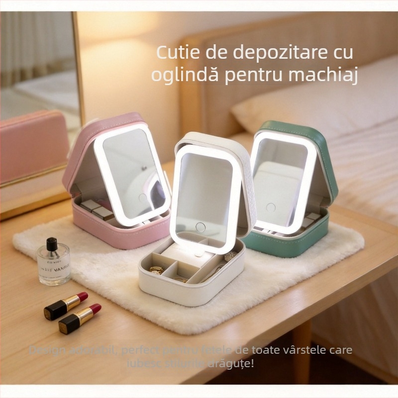 Geantă mini pentru machiaj cu oglindă LED, organizator cosmetic portabil pentru călătorii