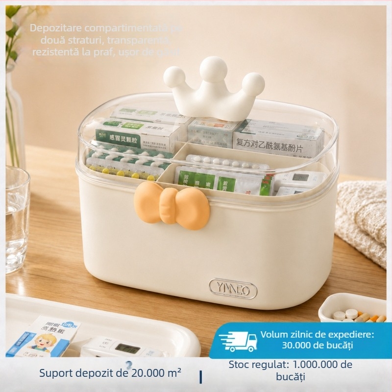 Cutie transparentă pentru medicamente, cu două niveluri și capac, patru compartimente, PP+PET, rezistentă la praf, pentru uz casnic.