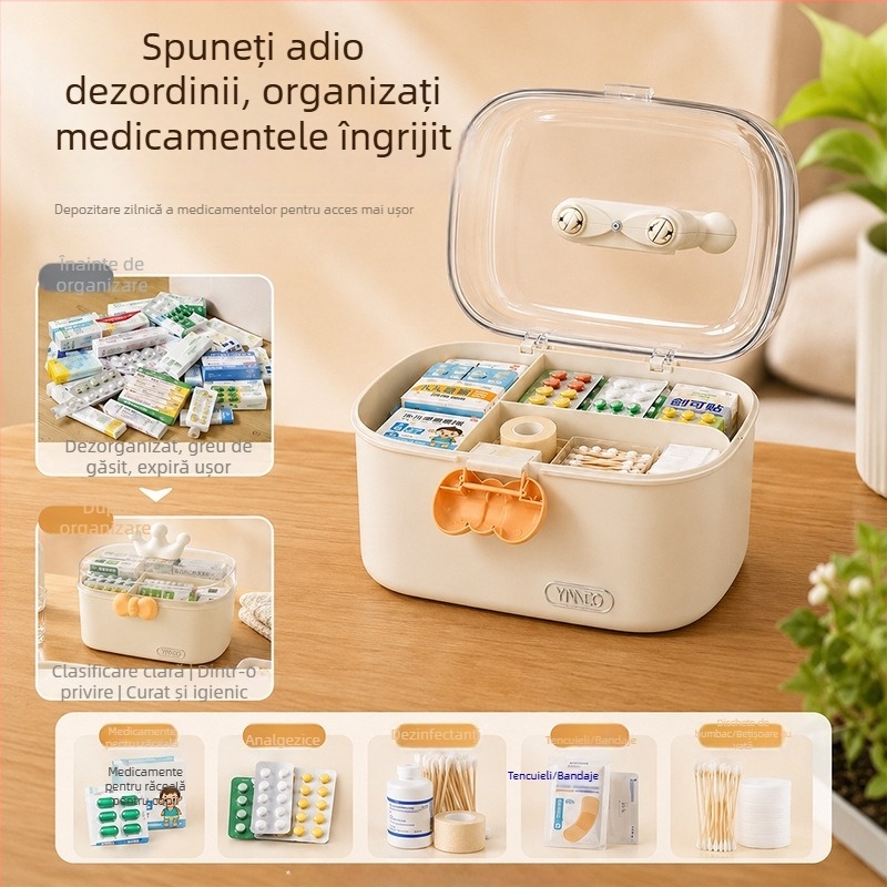 Cutie transparentă pentru medicamente, cu două niveluri și capac, patru compartimente, PP+PET, rezistentă la praf, pentru uz casnic.