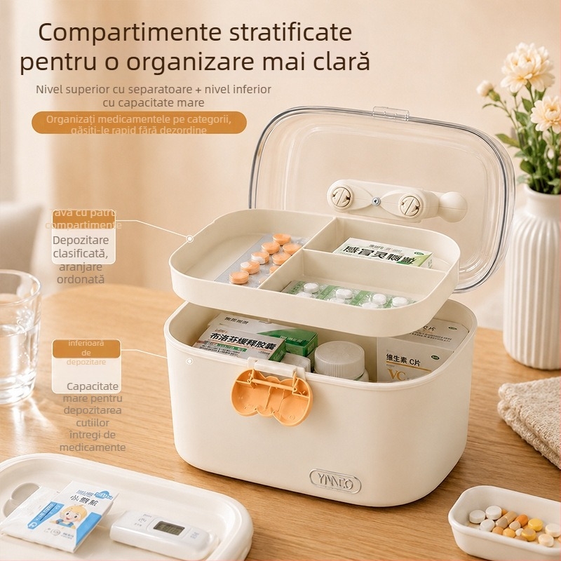 Cutie transparentă pentru medicamente, cu două niveluri și capac, patru compartimente, PP+PET, rezistentă la praf, pentru uz casnic.
