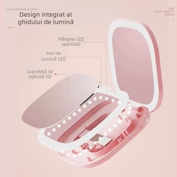 Oglindă de machiaj cu LED, reîncărcabilă, portabilă, manuală, pliabilă, oglindă pătrată mică pentru studente