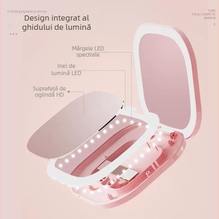 Oglindă de machiaj cu LED, reîncărcabilă, portabilă, manuală, pliabilă, oglindă pătrată mică pentru studente